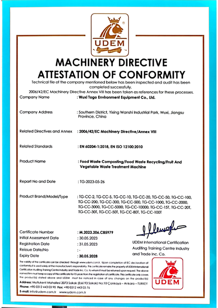 CHINA WuXi TOGO Environment Equipment Co., Ltd. certificaciones
