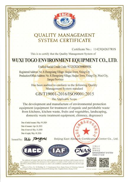 CHINA WuXi TOGO Environment Equipment Co., Ltd. certificaciones