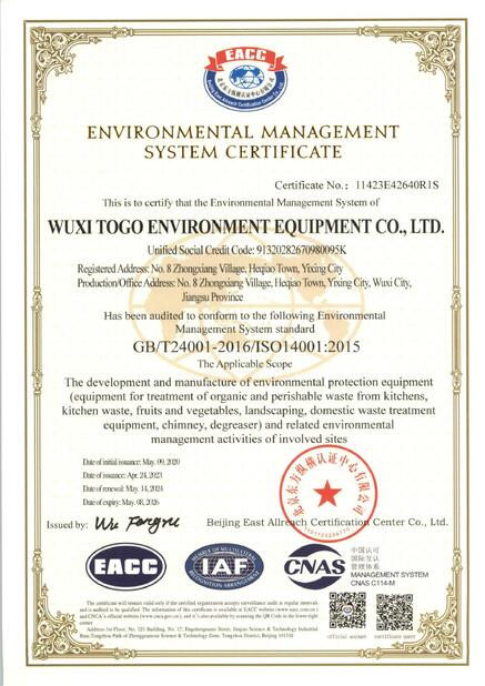 CHINA WuXi TOGO Environment Equipment Co., Ltd. certificaciones