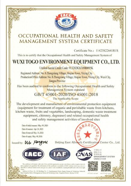 CHINA WuXi TOGO Environment Equipment Co., Ltd. certificaciones